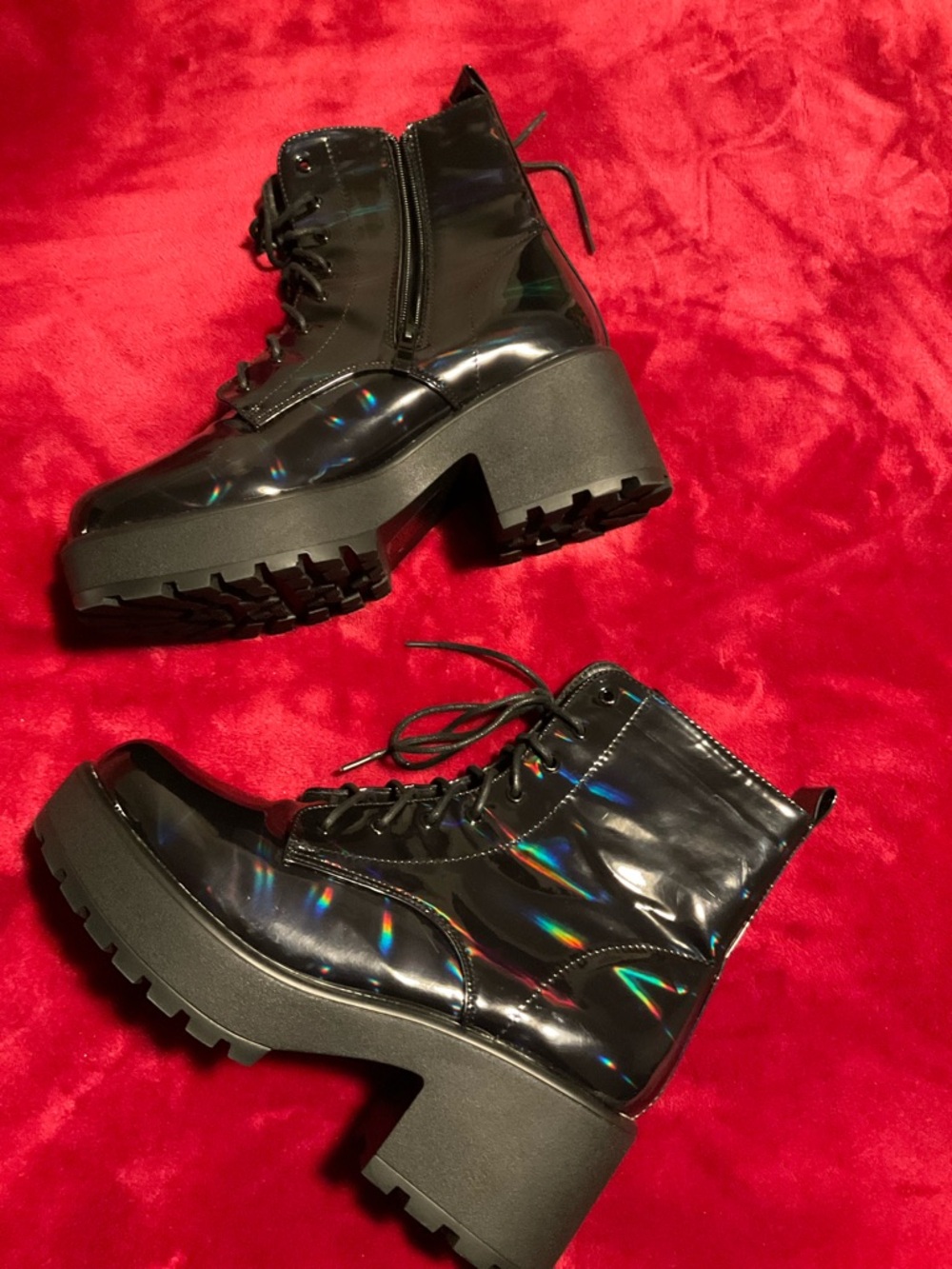 koi Black Holographic Chunky Platform Combat Boots